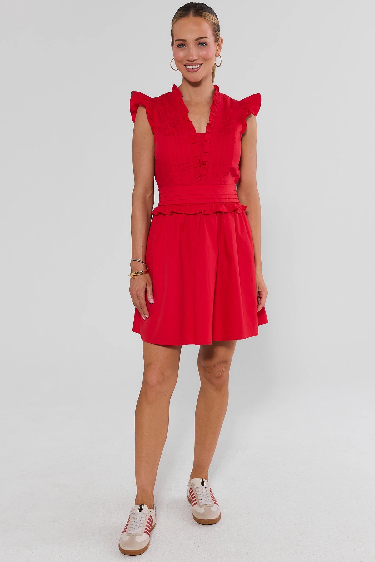 Makayla Red Flutter Sleeve Short Dress - Full Length Front View styled with white sneakers, A-line silhouette | Avara