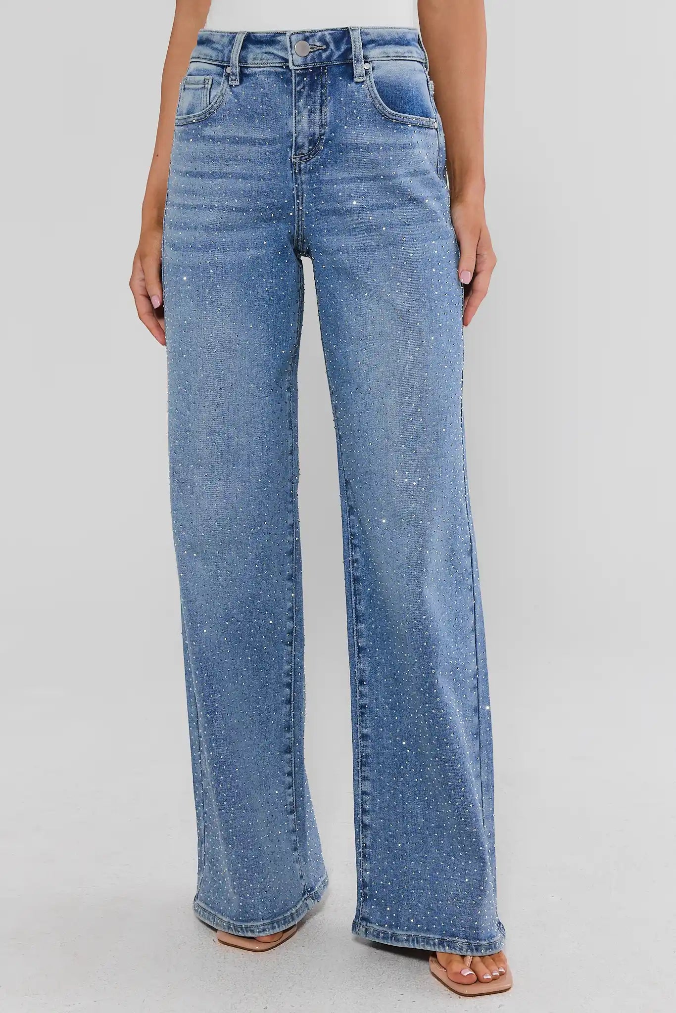 Blue Carrie Rhinestone Wide Leg Jeans - Front View, allover rhinestone embellishments on denim | Avara