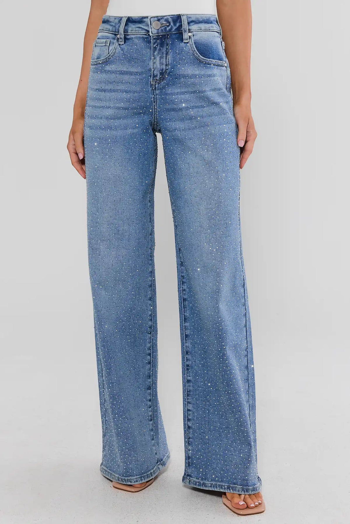 Blue Carrie Rhinestone Wide Leg Jeans - Front View, allover rhinestone embellishments on denim | Avara
