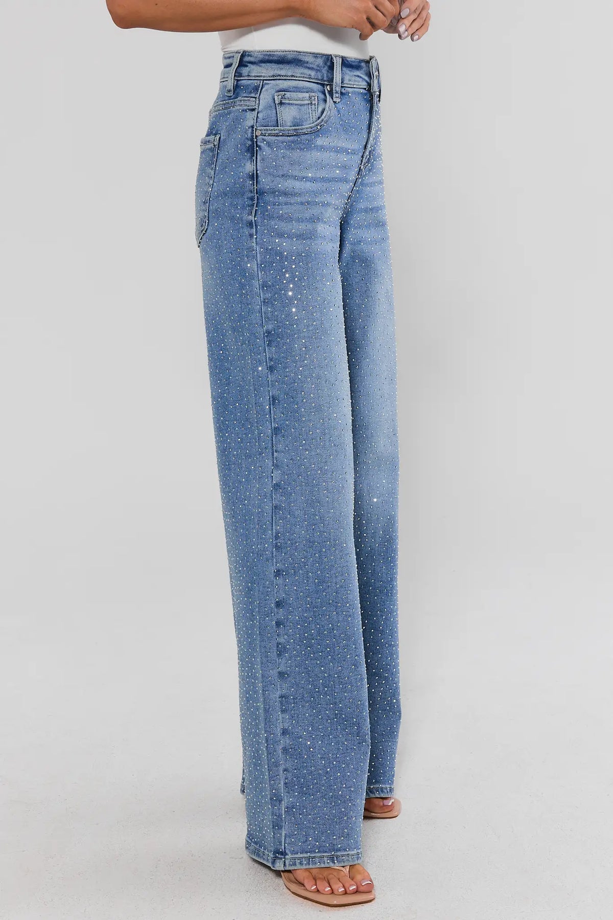 Blue Carrie Rhinestone Wide Leg Jeans - Side Profile showing full wide leg silhouette with rhinestones | Avara