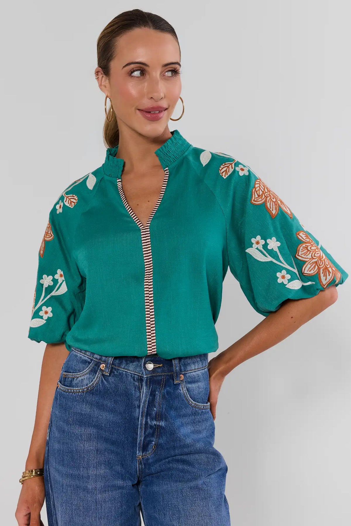 Emmett Green Floral Embroidered Top by THML - Front View, On Model with Jeans | Avara