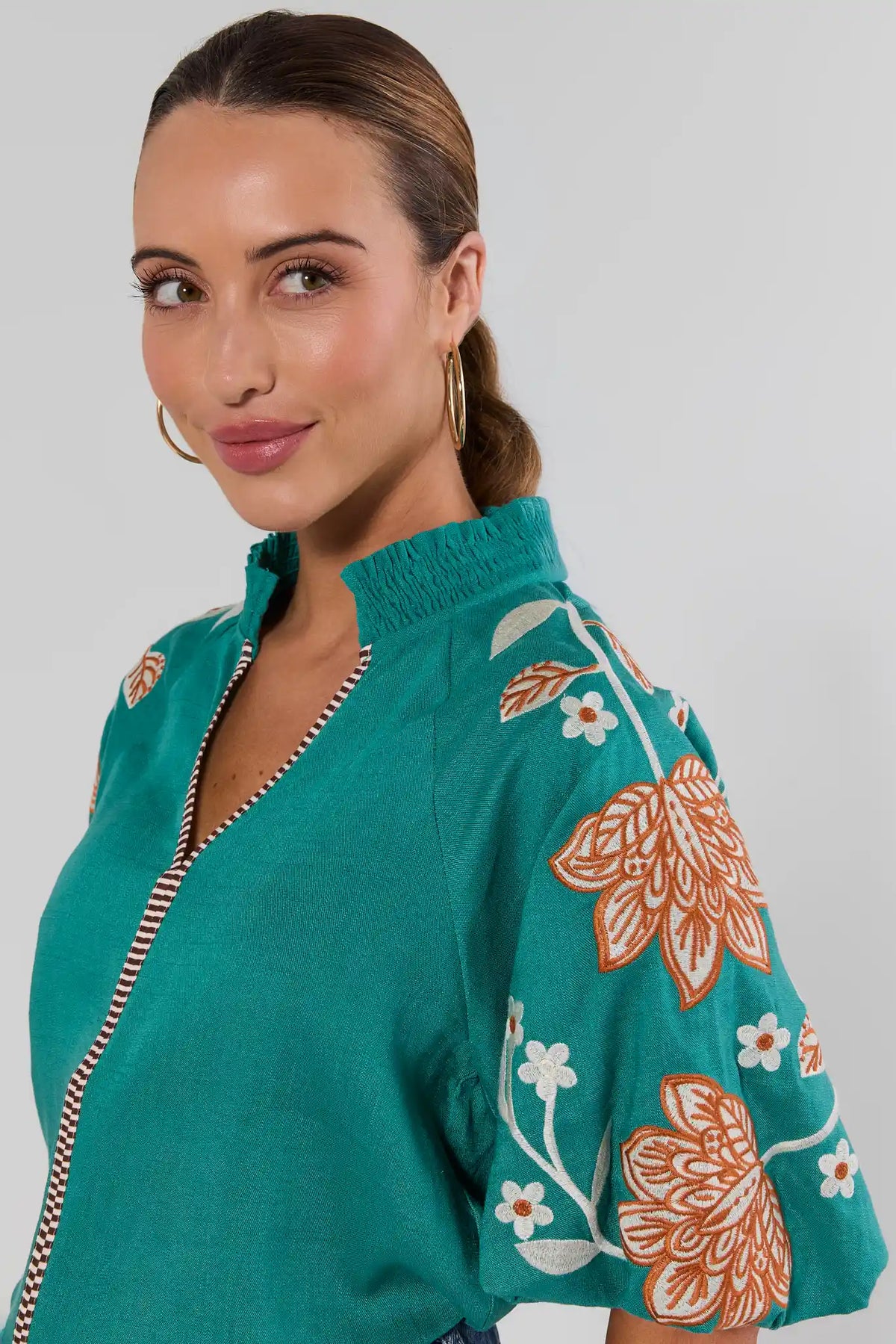 Emmett Green Floral Embroidered Top by THML - Close-Up Smocked Neckline & Sleeve Detail | Avara
