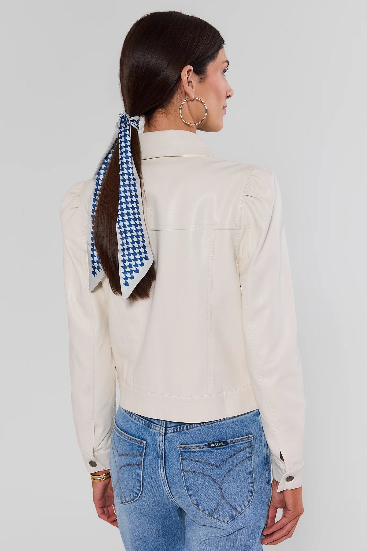 Roxanna Cream Faux Leather Jacket - Back View, cropped faux leather silhouette with puff shoulders | Avara