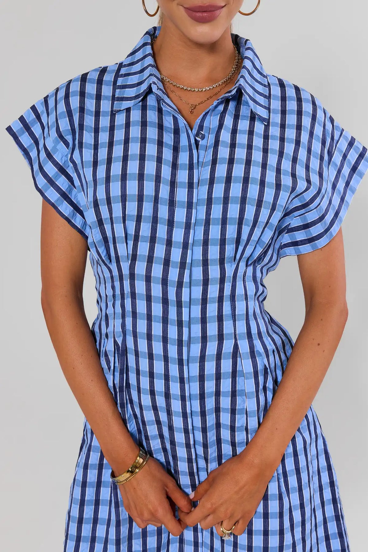 Blue Gingham Collared Short Dress by THML - Close-Up of Collar, Cap Sleeve & Waist Detail | Avara
