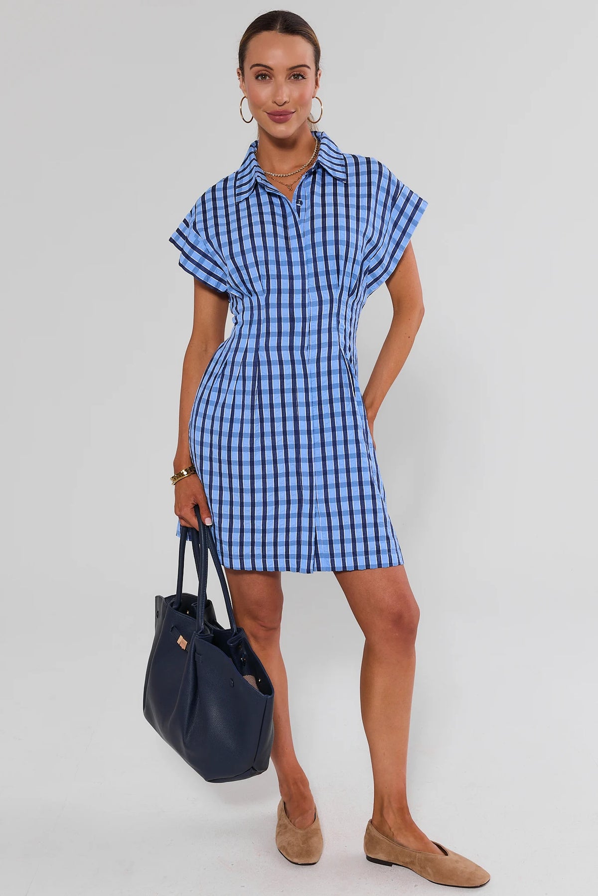 THML blue gingham collared short dress styled with tan loafers and navy tote - Full Front View | Avara