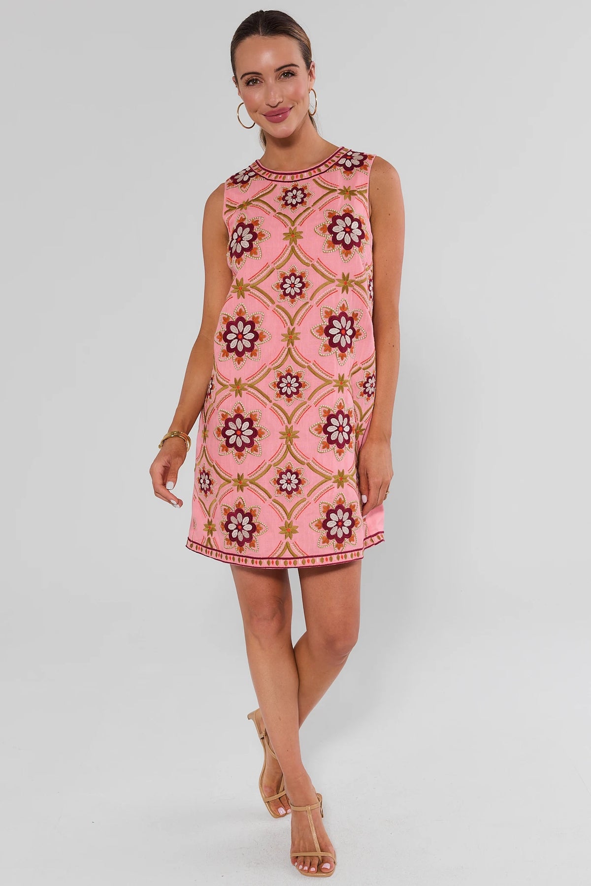 Pink Embroidered Shift Dress by THML - Full Length Front View with Sandals On Model | Avara