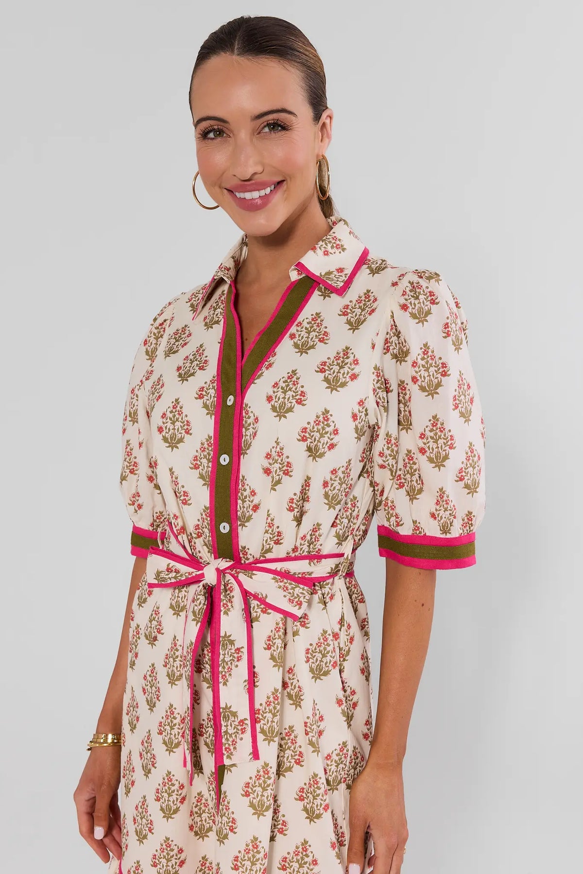 Close up Woman wearing White Floral Button Up Midi Dress by THML - Bodice Detail, tie waist and button front | Avara