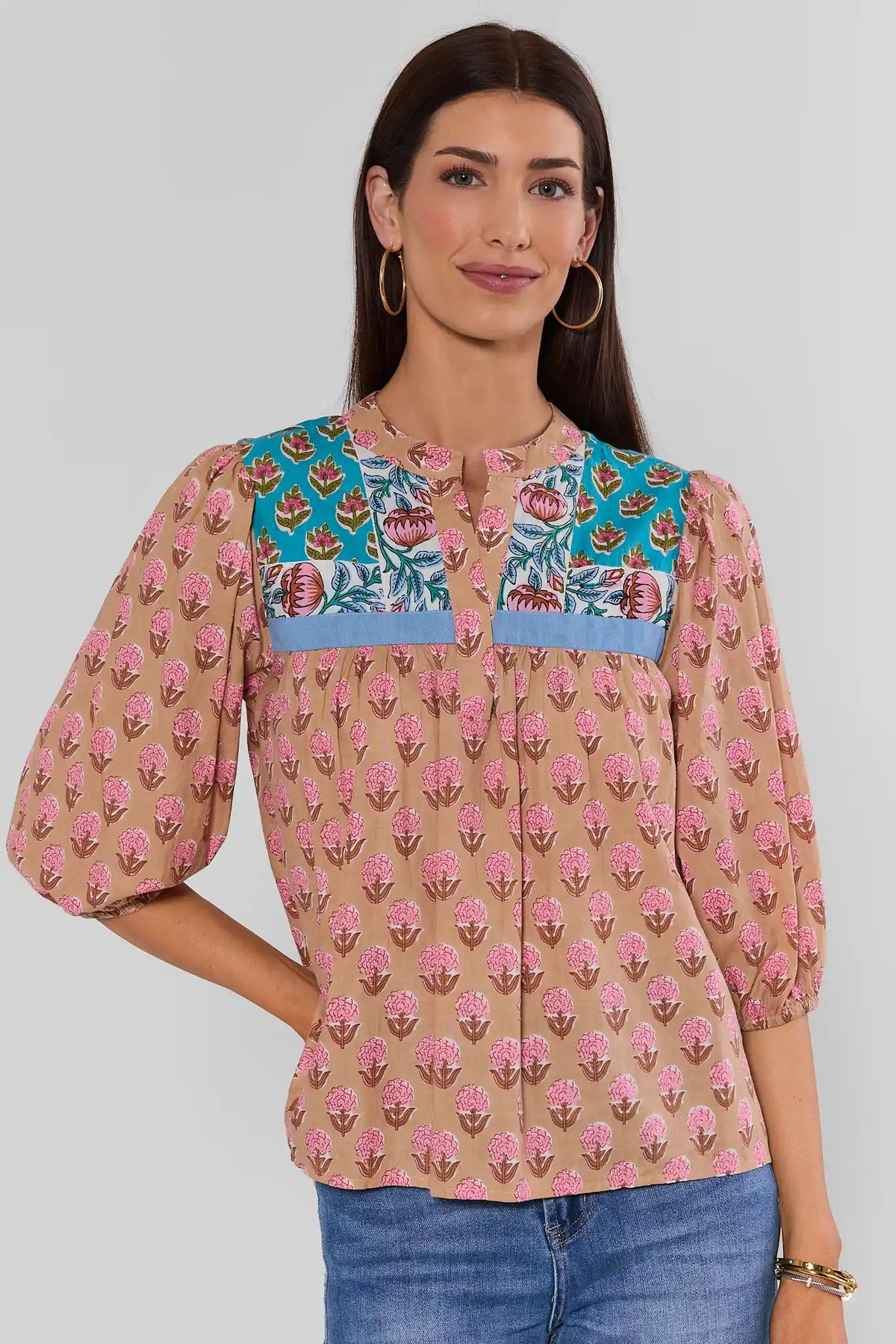 Multi Printed Split Neck Top by THML - Pink Floral Patchwork Print, Front View On Model | Avara