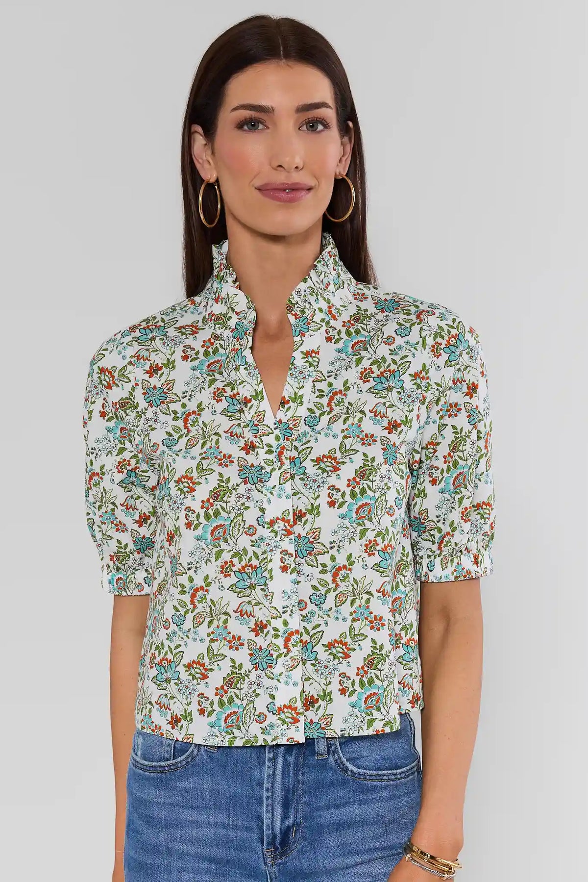 Multi Floral Printed Top by THML - Front View, White with Teal & Rust Blooms | Avara