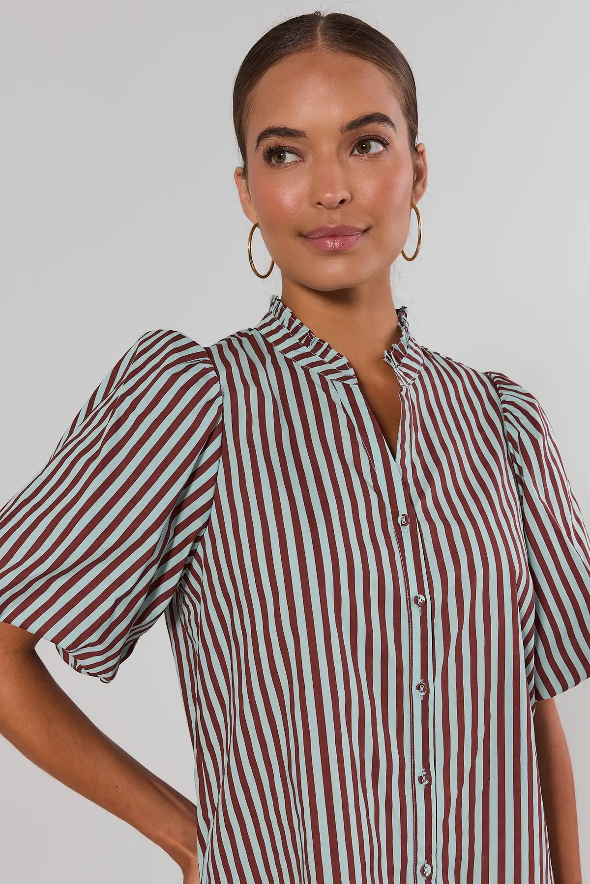 Brown & mint stripe THML button-up top, close-up of ruffle neckline and puff sleeves - Detail View | Avara