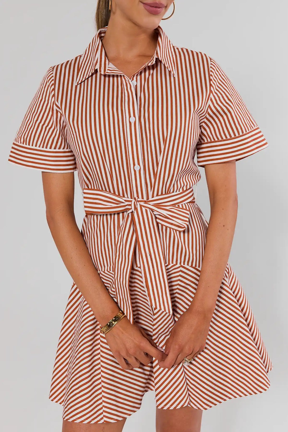 Millie Rust Striped Short Dress close-up showing button-front collar, tie waist, and flared skirt | Avara