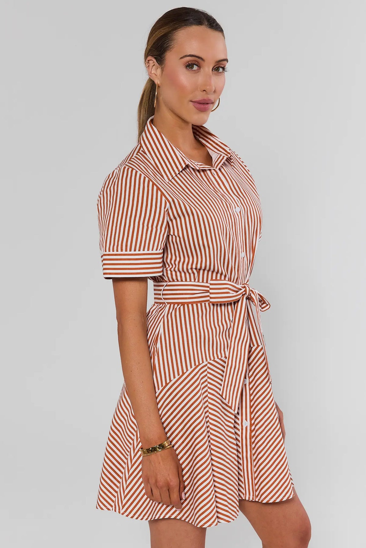 Millie Rust Striped Short Dress three-quarter side view highlighting button-front and cuffed short sleeves | Avara