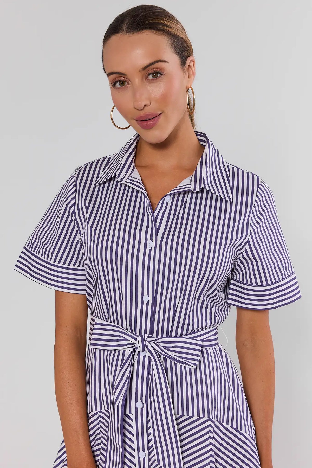 Millie Purple and White Striped Short Dress - Close-Up Detail, collared neckline and tie waist bow | Avara