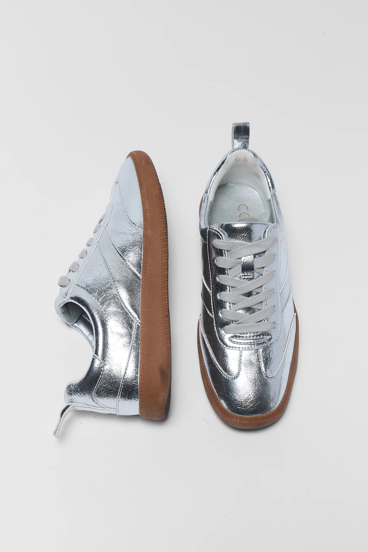 Winona Silver Metallic Sneakers by Matisse - Side and Top-Down View, Gum Sole | Avara