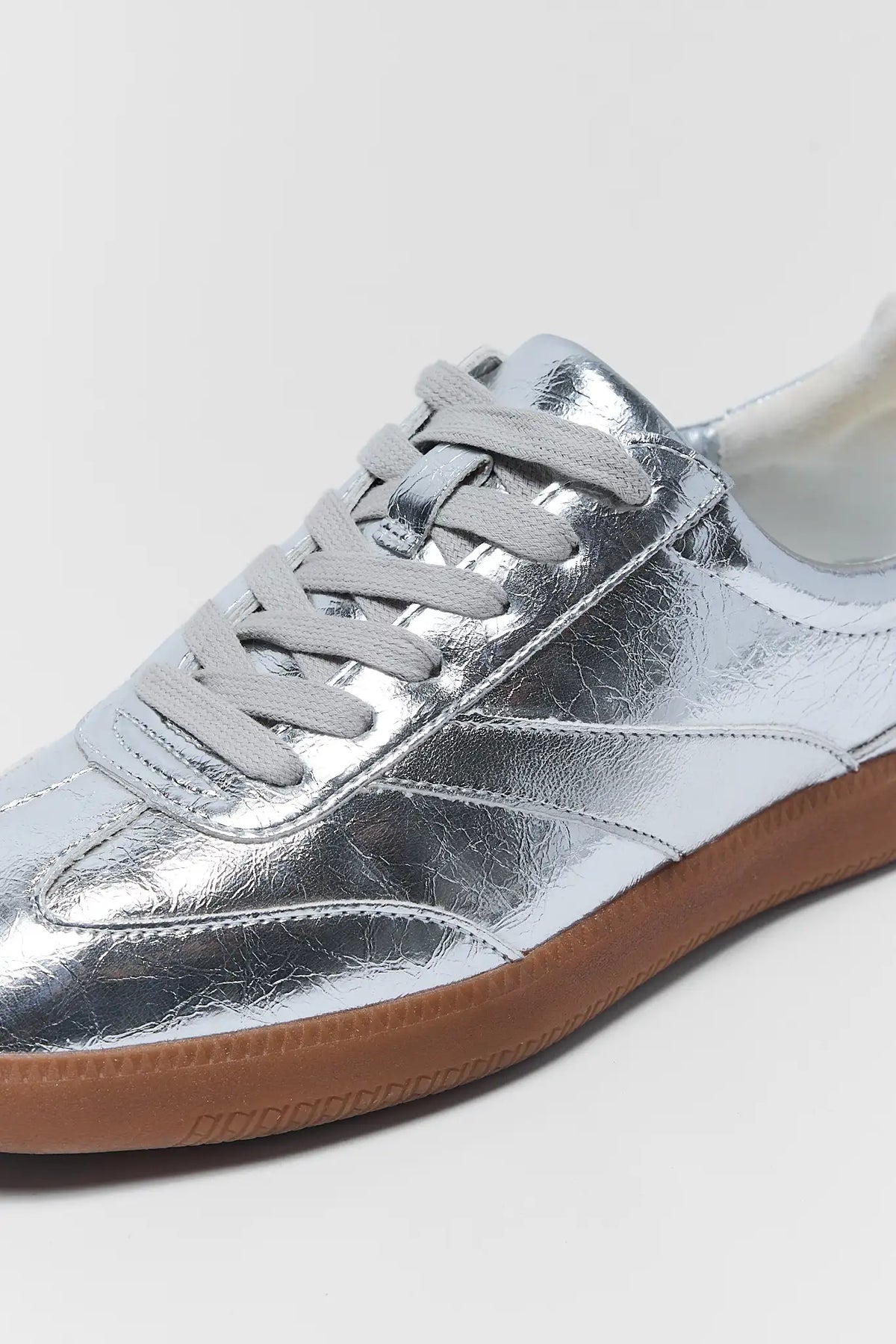 Winona Silver Metallic Sneaker by Matisse - Close-Up Toe Box and Lace Detail, Gum Sole | Avara