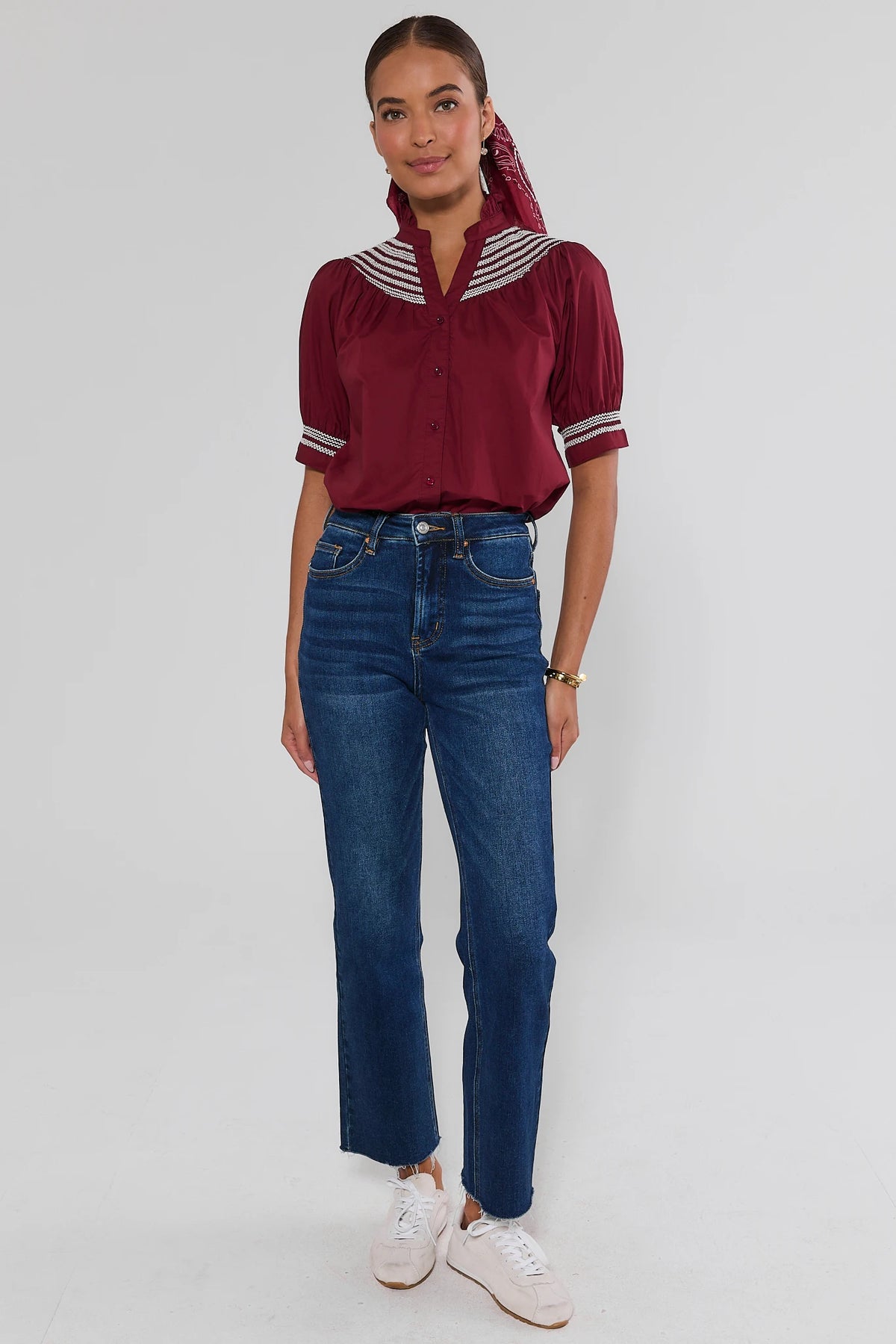 Yvonne Burgundy and White Embroidered Top paired with dark jeans - Side Profile View | Avara