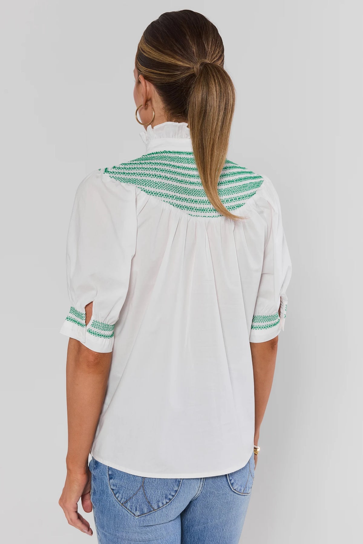 Yvonne White and Green Embroidered Top - Back View showing green embroidered yoke and ruffle collar | Avara