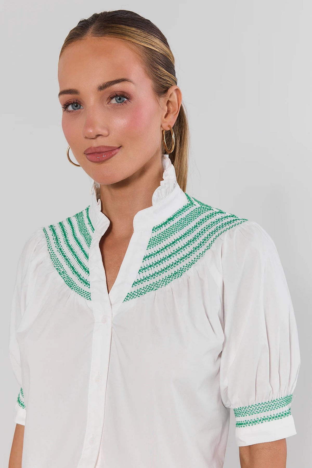 Yvonne White and Green Embroidered Top - Close-Up Detail of green embroidered yoke and ruffle collar | Avara