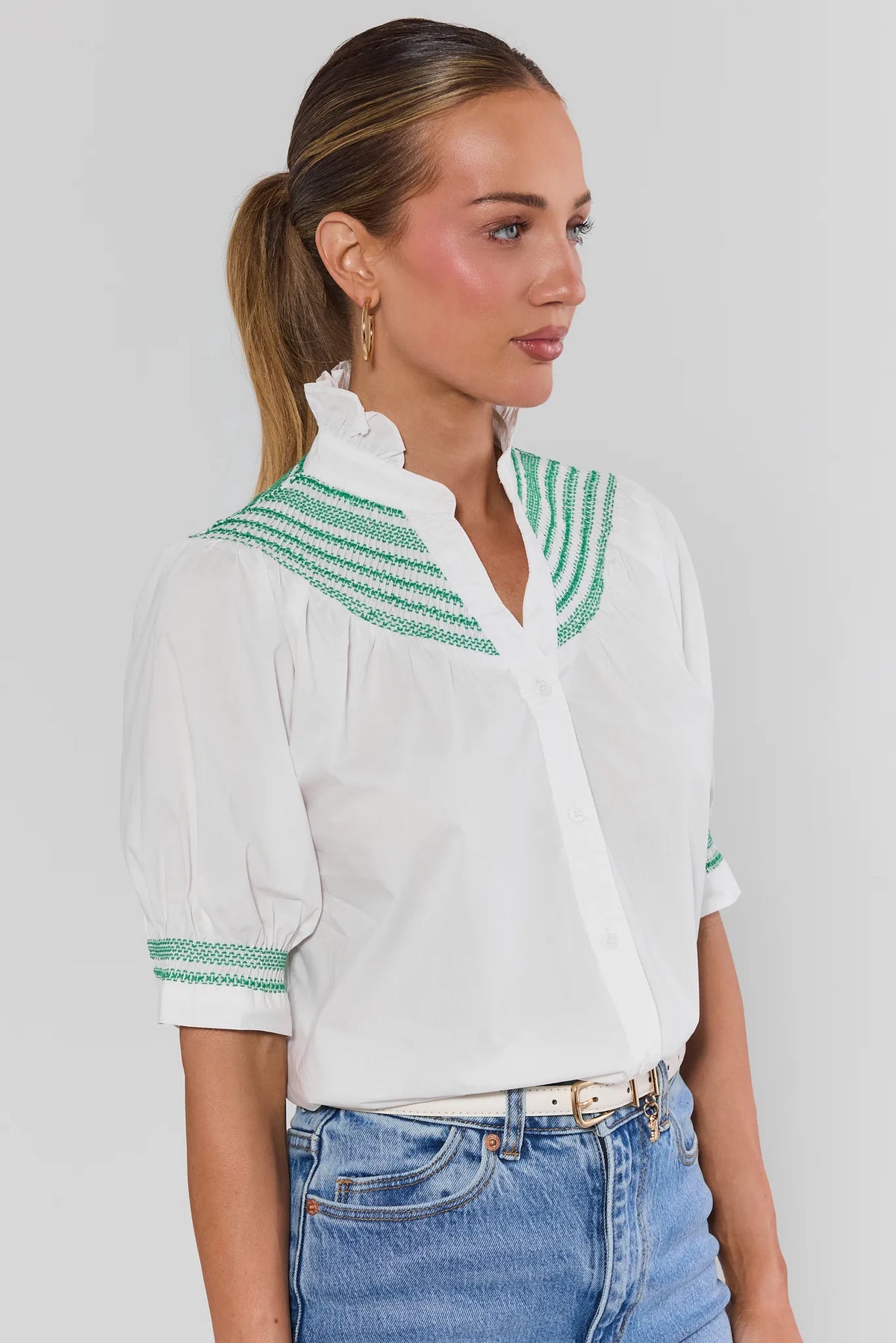 Yvonne White and Green Embroidered Top - Side Profile showing puff sleeve and embroidered cuff | Avara