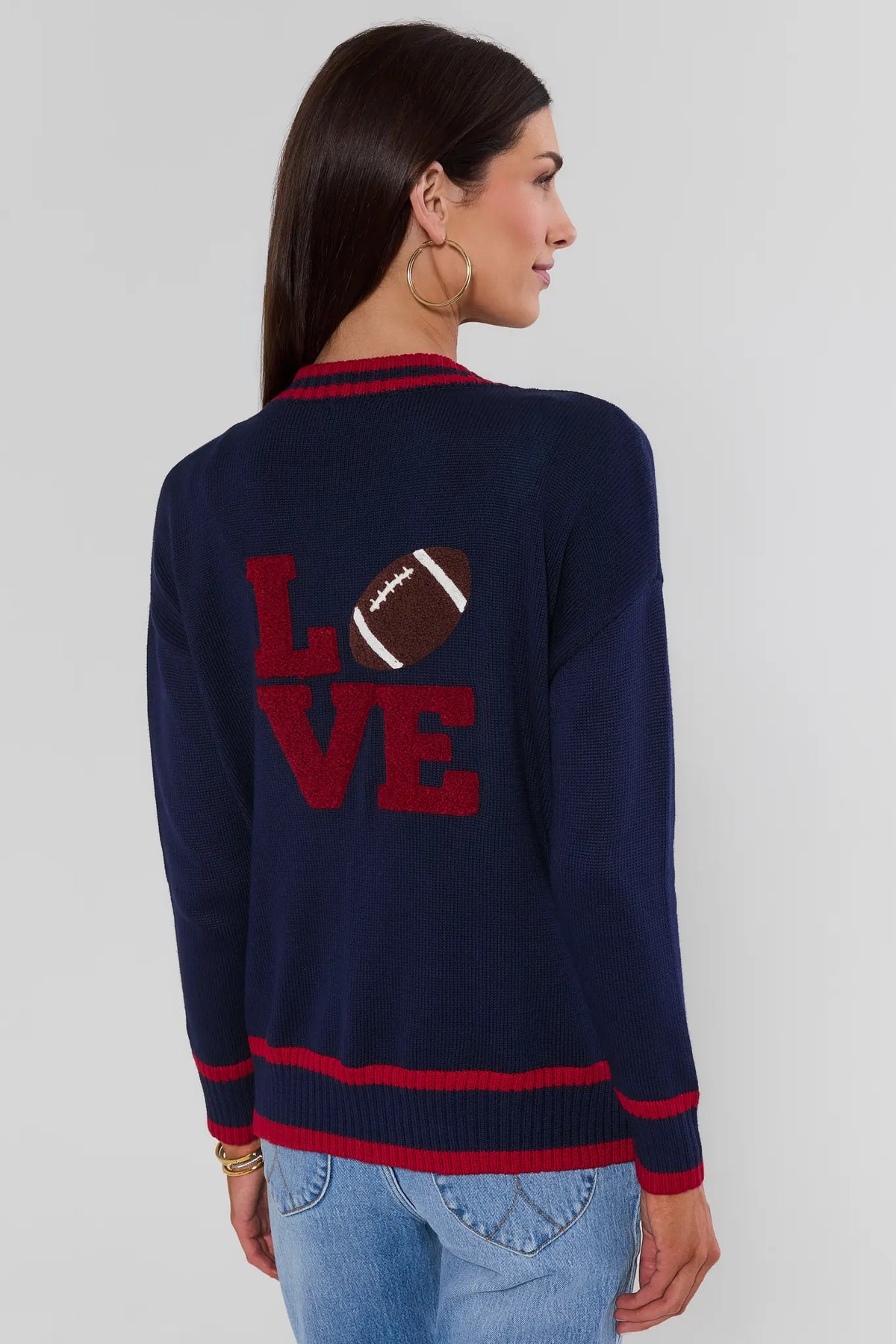 Navy Applique Cardigan Back View - LOVE Football Graphic, Red Contrast Trim | Avara