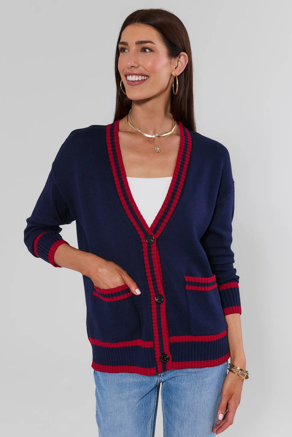 Navy Applique Cardigan Front View - Red Stripe Trim, Pockets, Game Day Outfit | Avara
