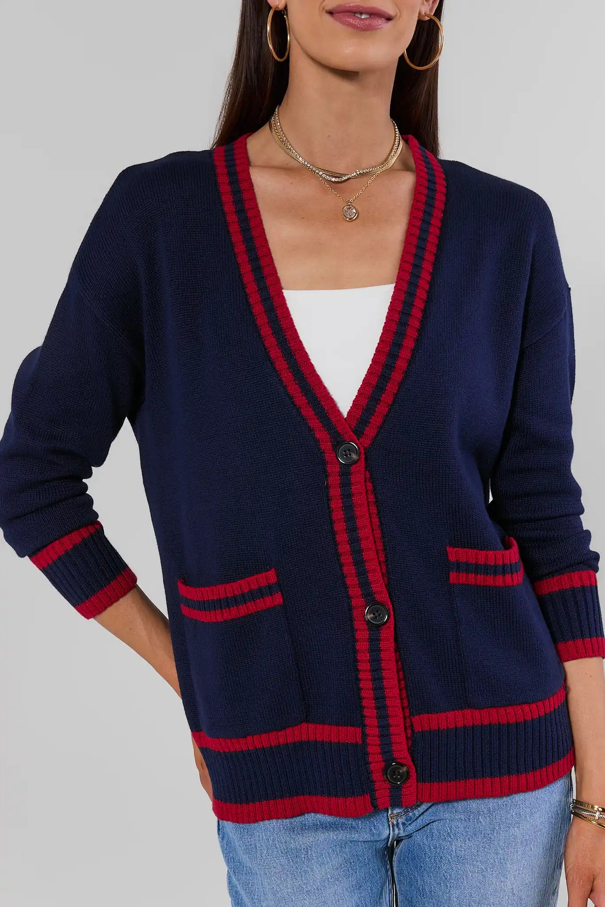 Navy Game Day Cardigan Close-Up - Red Stripe Trim, V-Neck, Button Front, Pockets | Avara