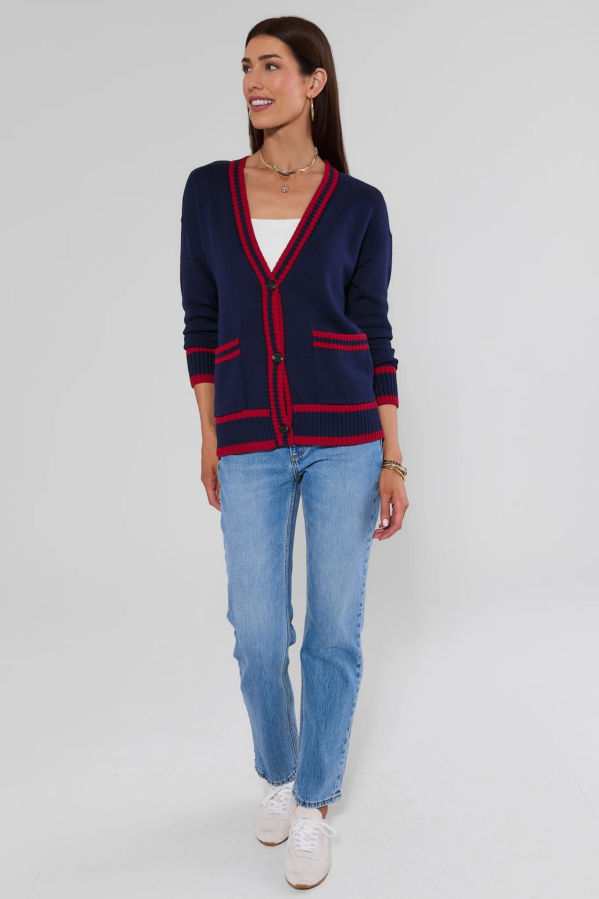 Navy Contrast Trim Applique Cardigan Full Length Front View, Styled with Jeans | Avara
