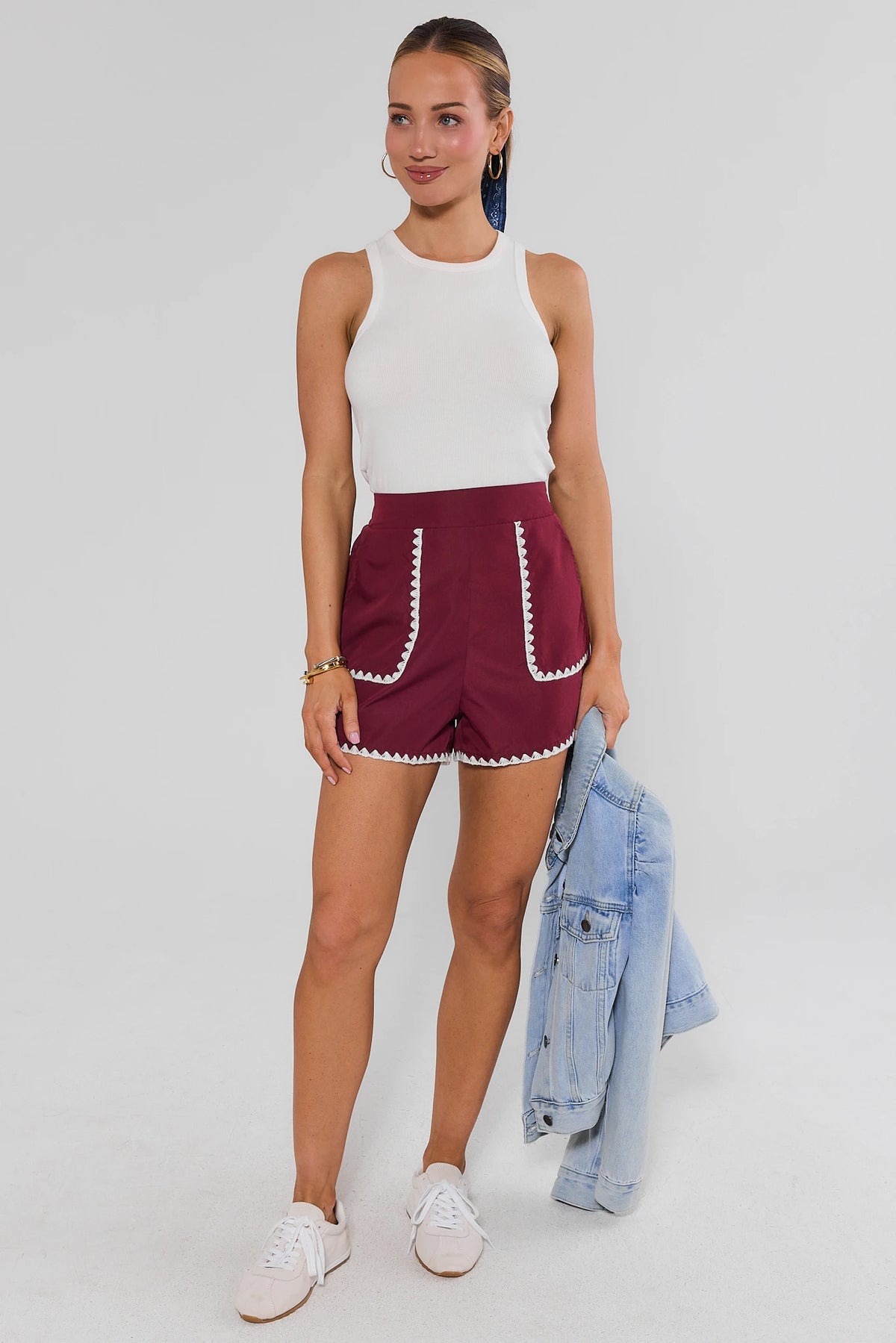Maroon Embroidered Trim Shorts with white bodysuit, game day outfit for women - Front On-Model View | Avara