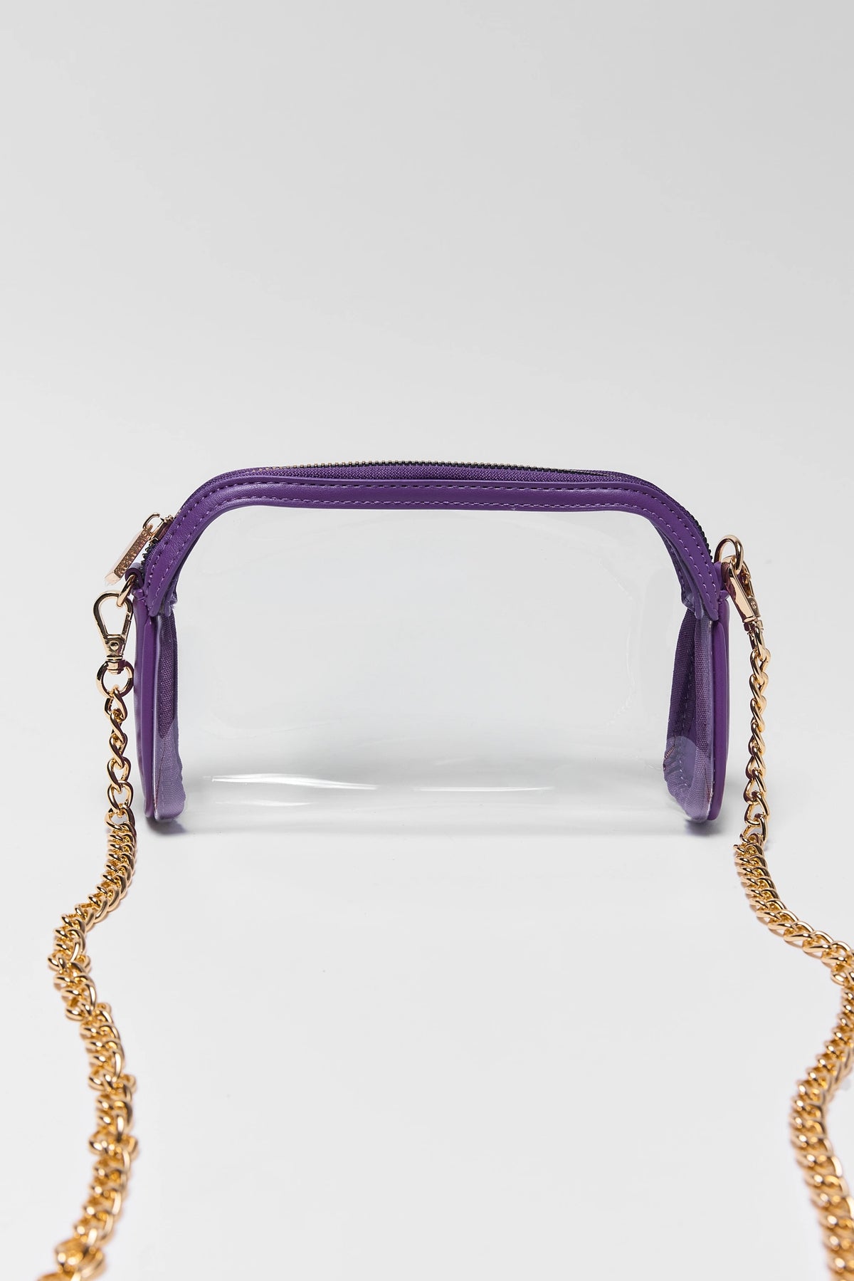 Purple trim clear crossbody bag with gold chain strap - Front View | Avara