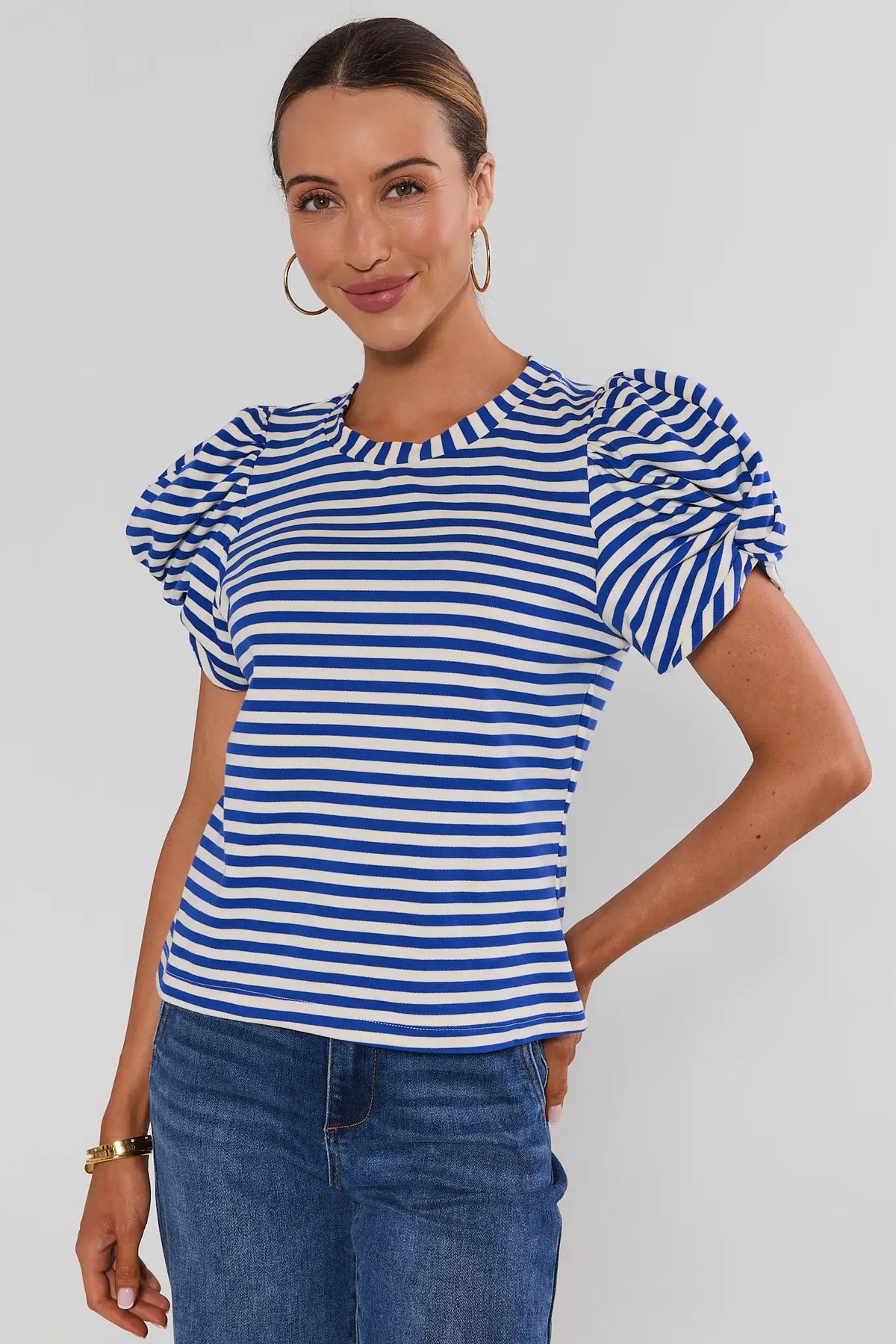 Blue Striped Puff Sleeve Crewneck Tee - Front View, styled with dark denim | Avara