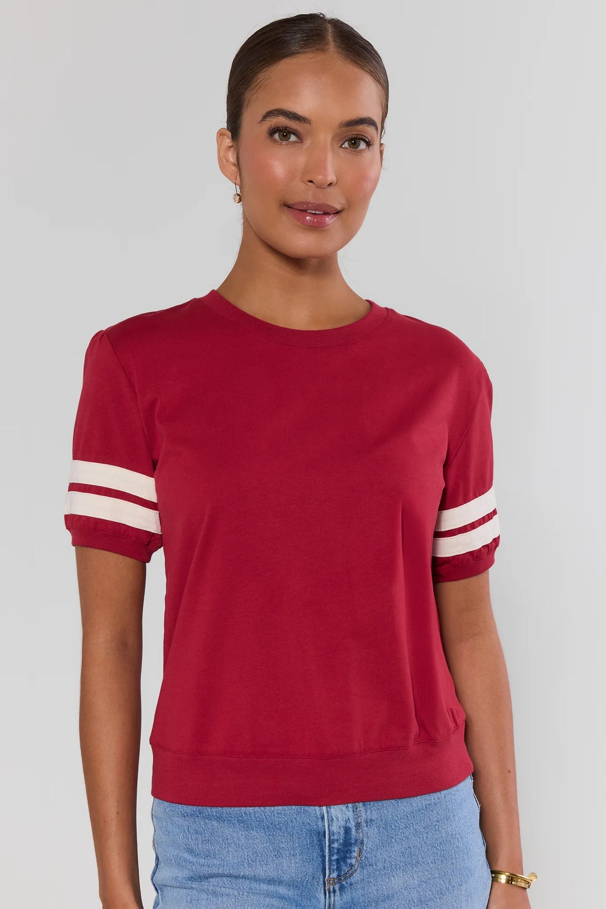 Alice Burgundy Striped Sleeve Tee front view paired with light wash jeans, cute top for women | Avara