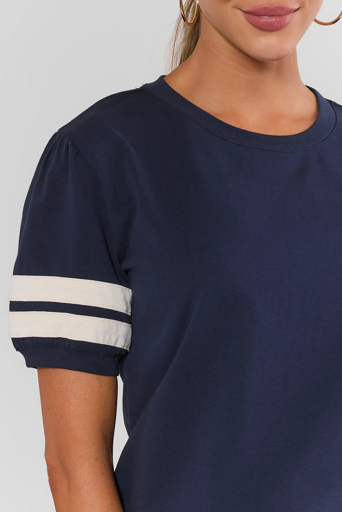 Alice Navy Striped Sleeve Tee - Varsity Stripe Sleeve Close-Up Detail, crew neckline | Avara