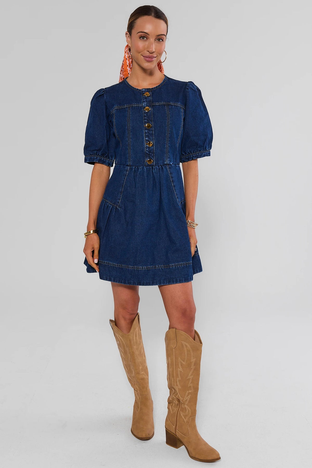 Dark denim puff-sleeve short dress styled with tan cowboy boots - Full Length Styled Look | Avara