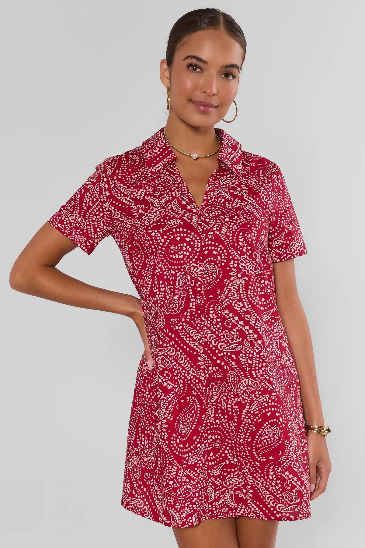 Tia Red Bandana Printed Collared Short Dress, front view, short sleeves, mini length | Avara