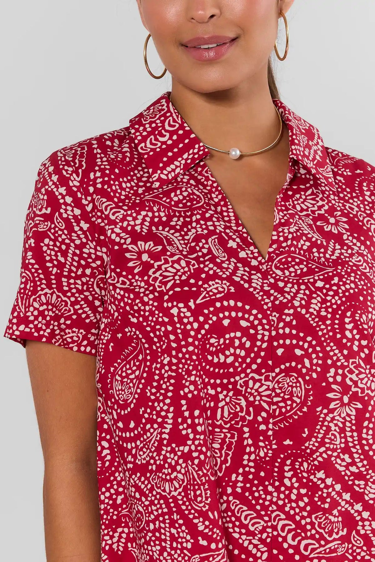 Close-up of Tia Red Paisley Print Collared Short Dress, collar neckline and short sleeve detail | Avara