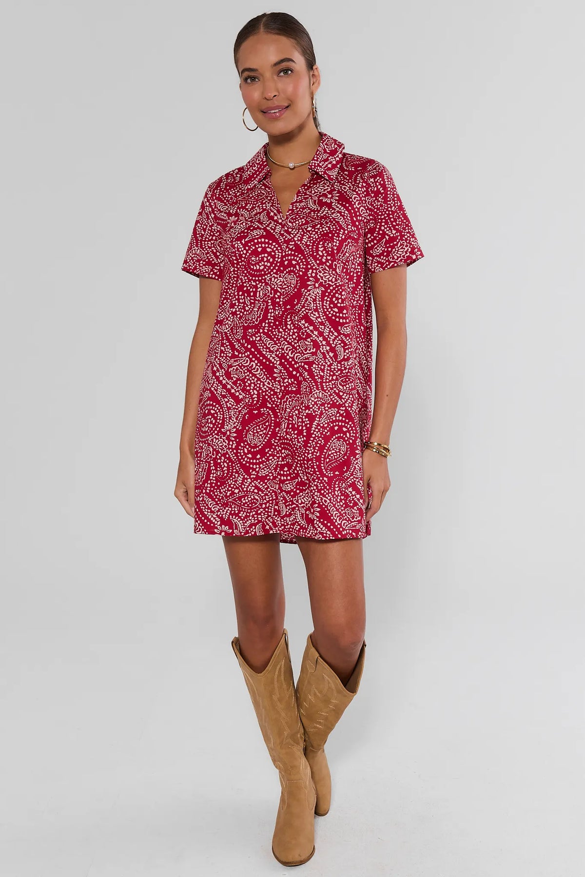 Tia Red Printed Collared Short Dress styled with tan cowboy boots, full-length front view | Avara