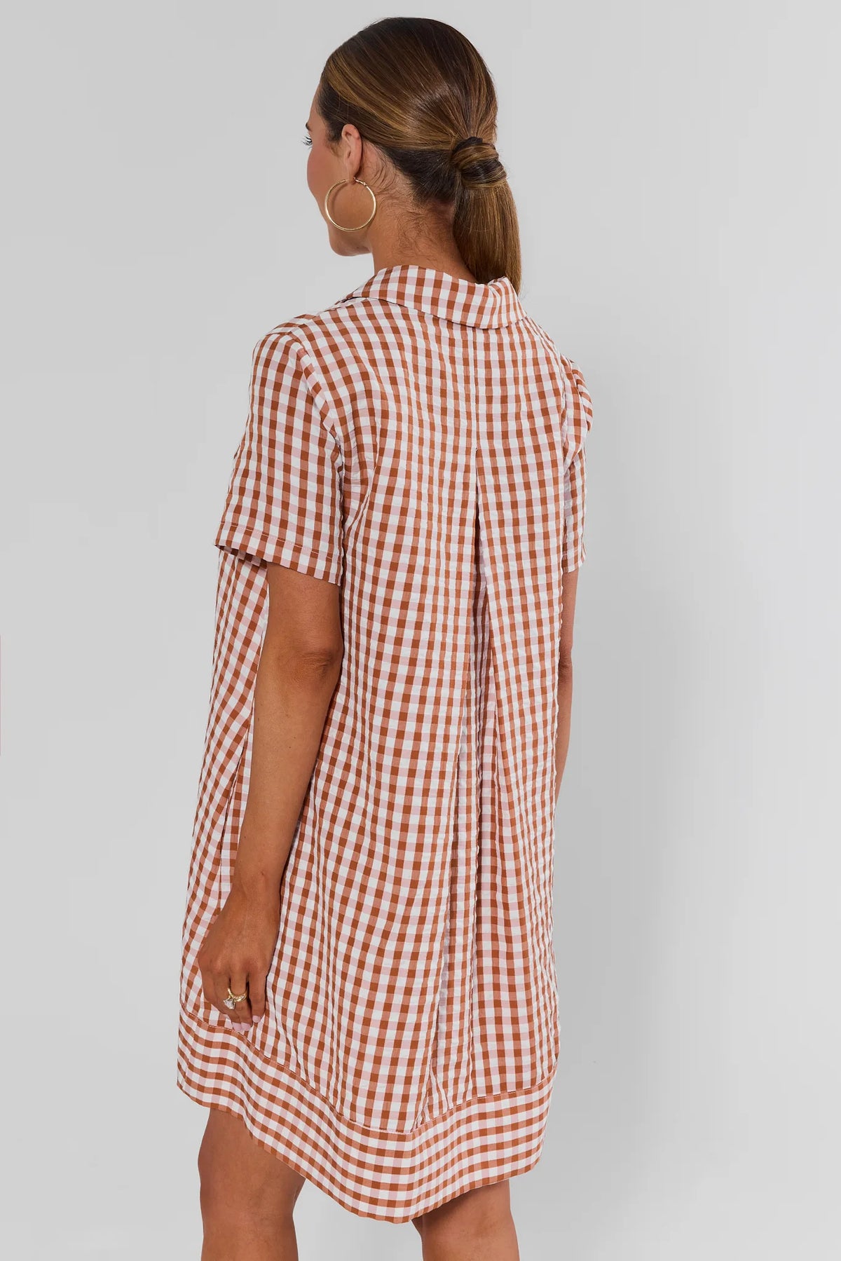 Tia Rust Gingham Collared Short Dress - Back View, pleat detail and contrast border hem on mini dress | Avara