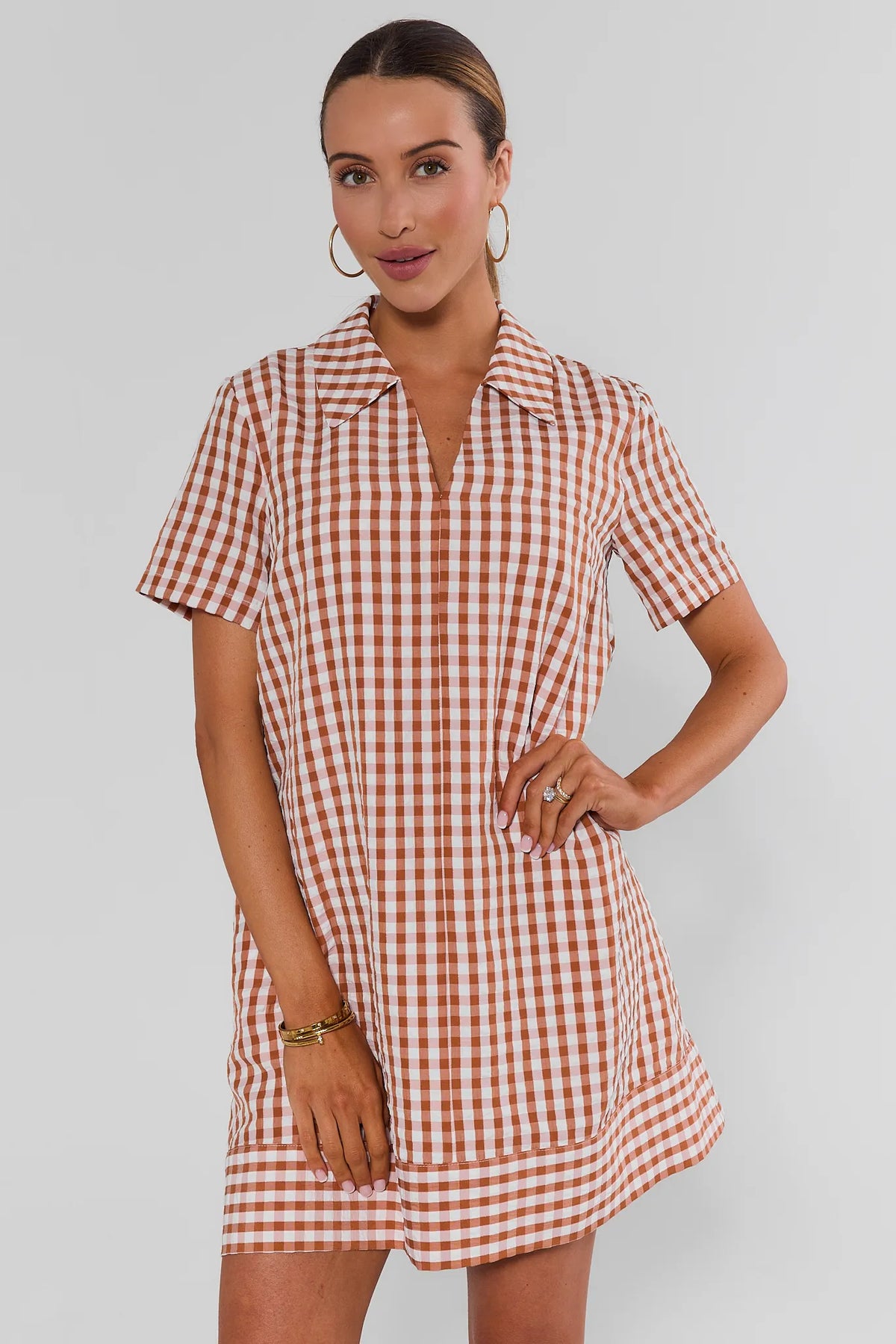 Tia Rust Gingham Collared Short Dress - Front View, short-sleeve shirt dress with V-neckline collar | Avara