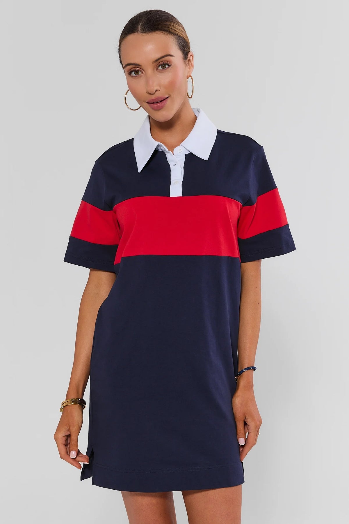 Navy Stripe Short Polo Dress with red colorblock stripe and white collar - Front View | Avara