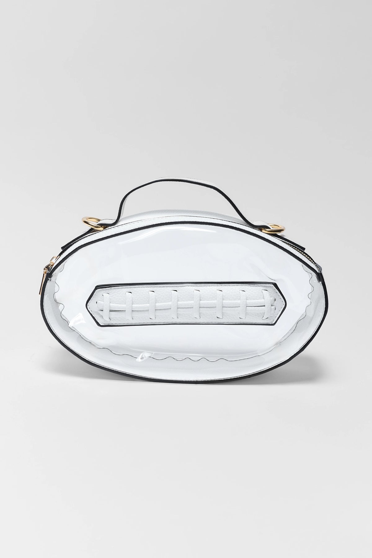White Football Clear Crossbody Bag with gold hardware and football lace detail - Front View | Avara