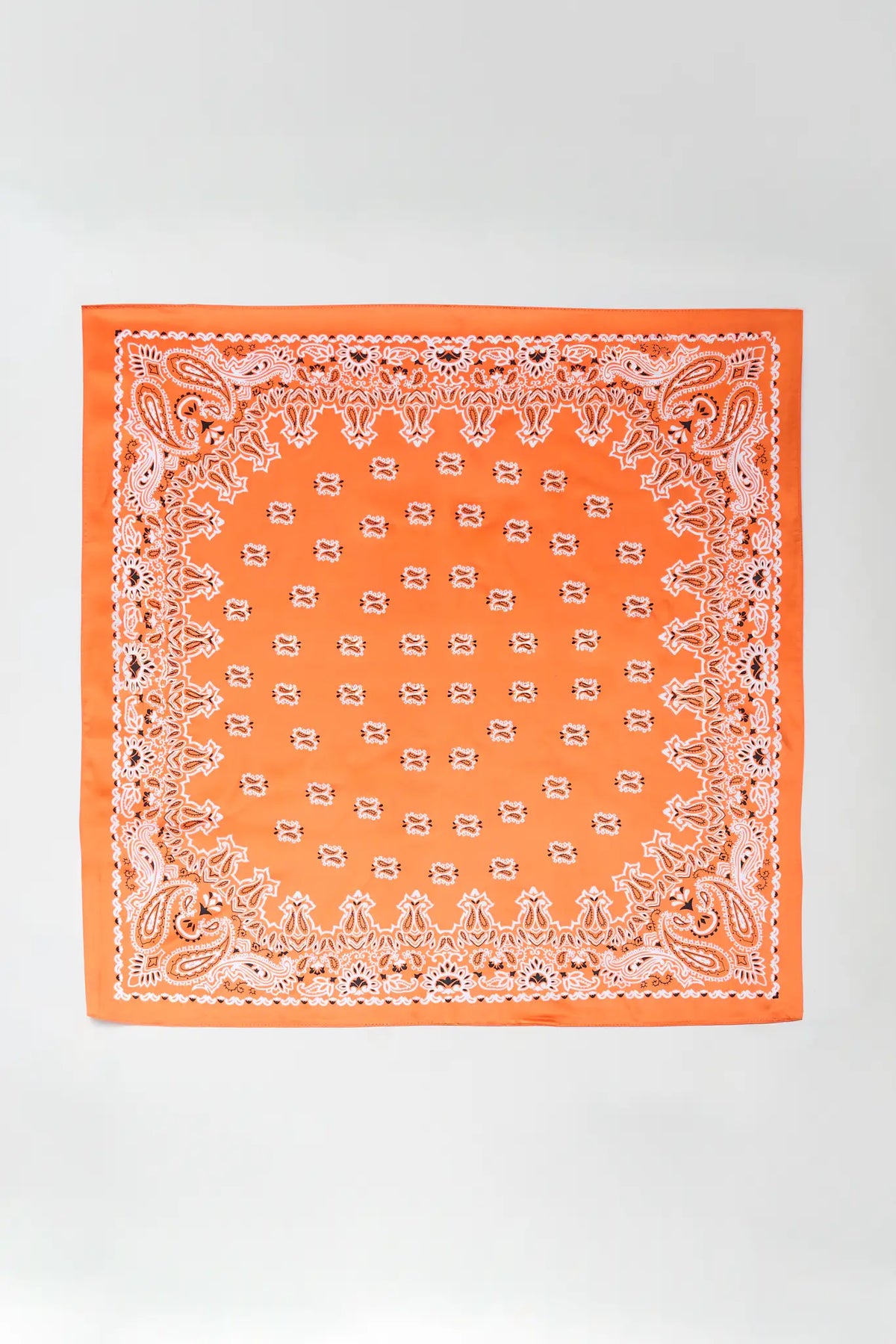 Orange bandana print scarf with white paisley border - Flat Lay | Avara