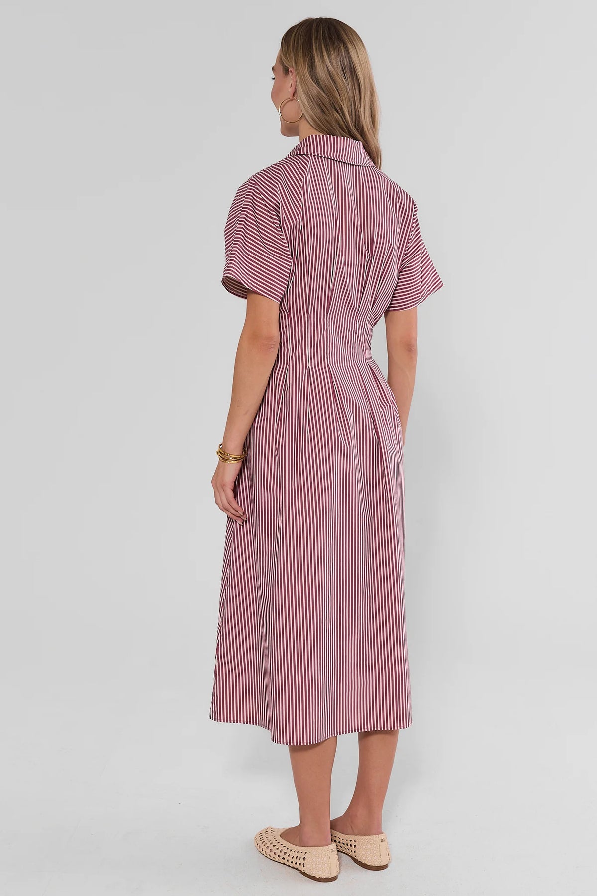 Olivia Red Striped Button Up Maxi Dress, back view on model wearing woven flat shoes | Avara
