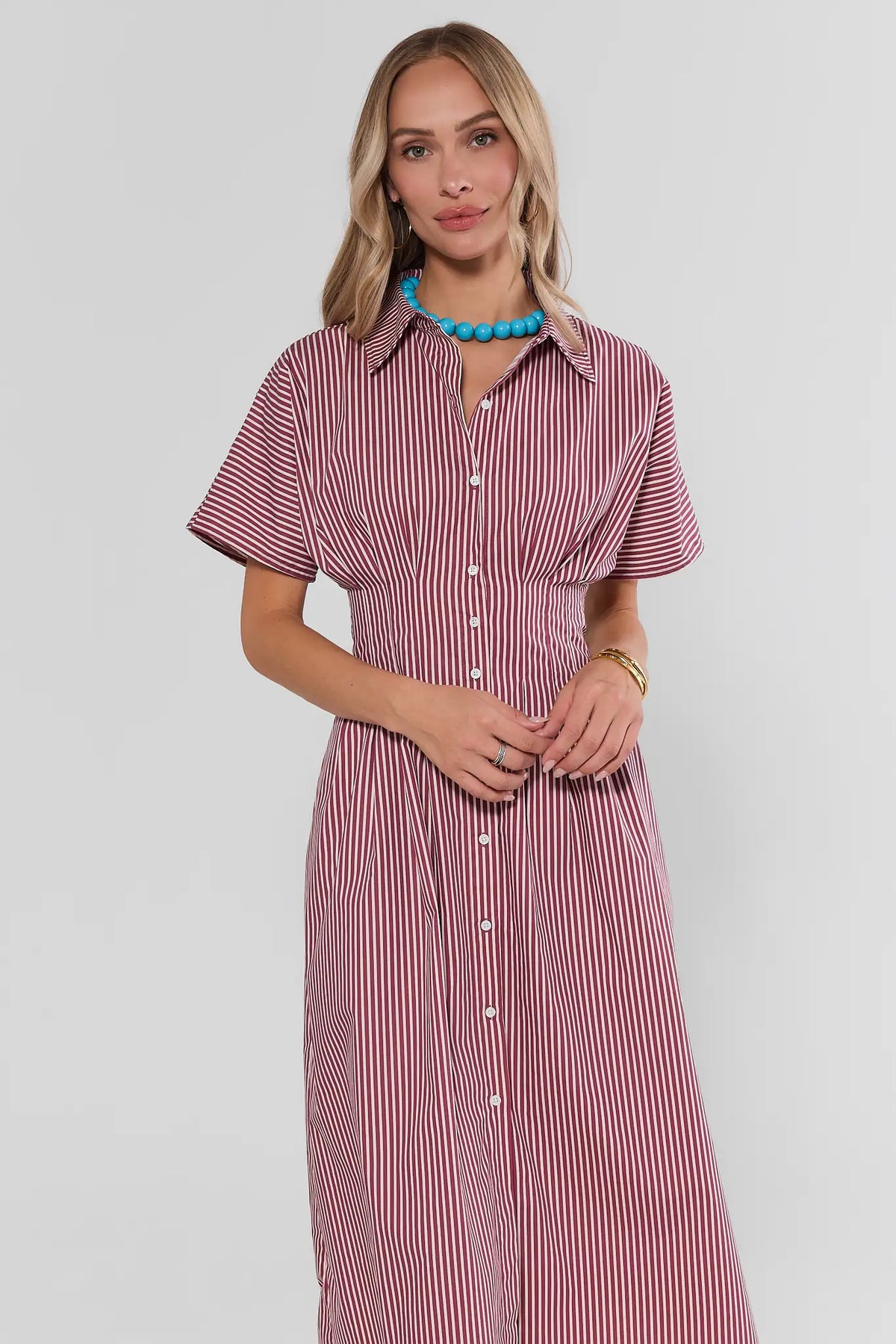 Olivia Red Striped Button Up Maxi Dress, front view with collared neckline and turquoise necklace | Avara
