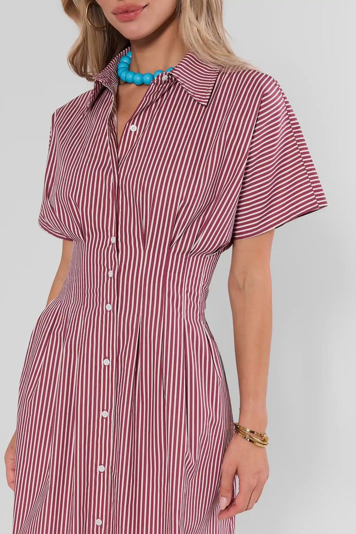 Olivia Red Striped Button Up Maxi Dress, close-up of bodice detail showing button front and fitted waist | Avara