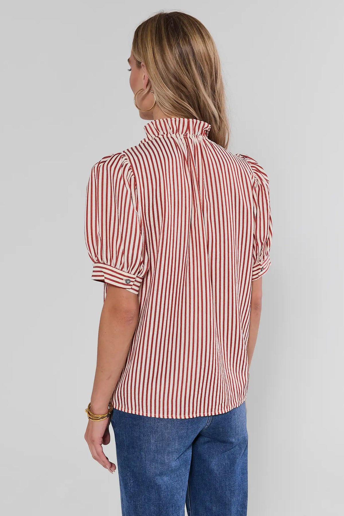 Jules Red Stripe Puff Sleeve Top showing ruffle collar and puff sleeve detail - Back View | Avara