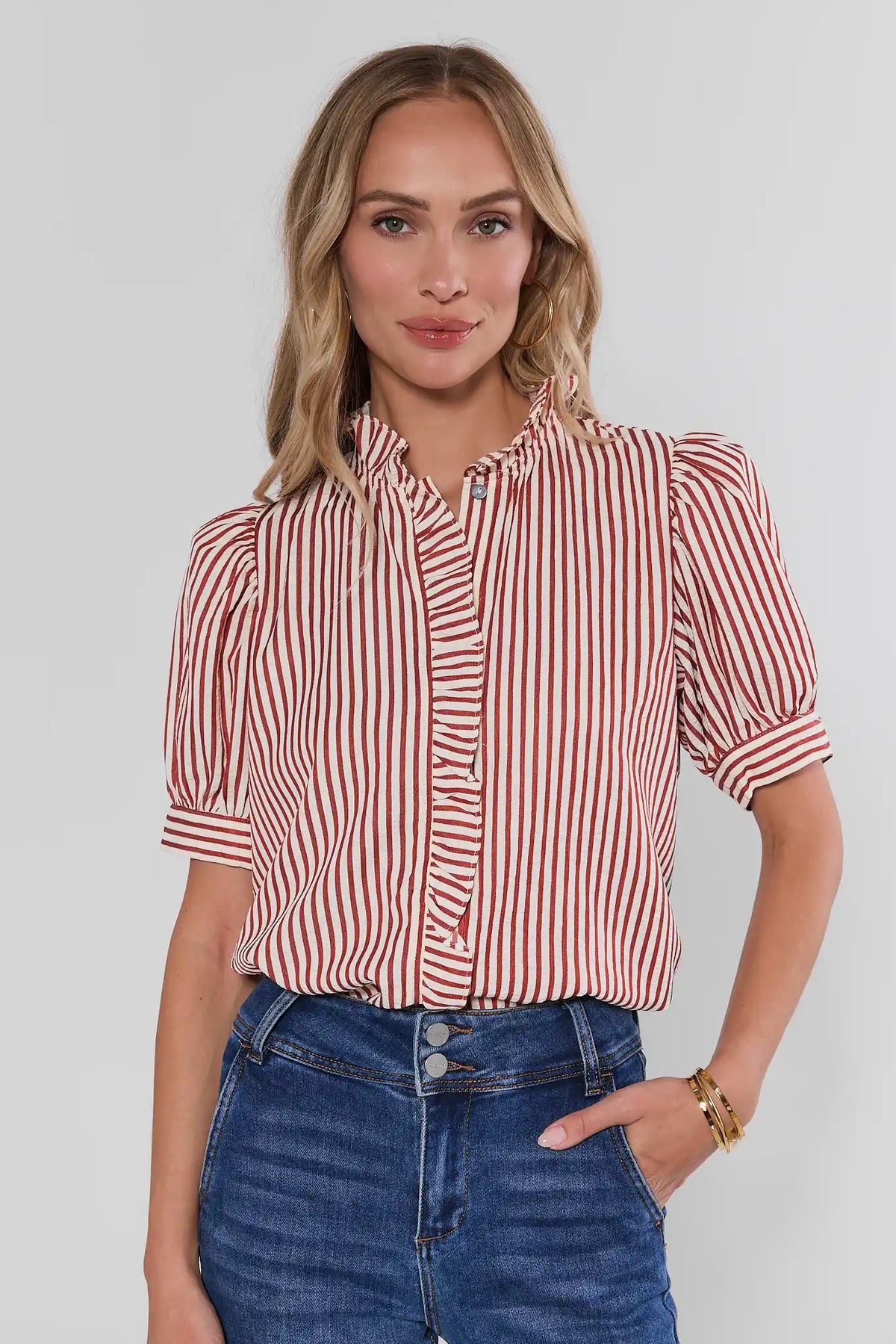 Jules Red Stripe Ruffle Trim Puff Sleeve Top paired with dark wash jeans - Front View | Avara