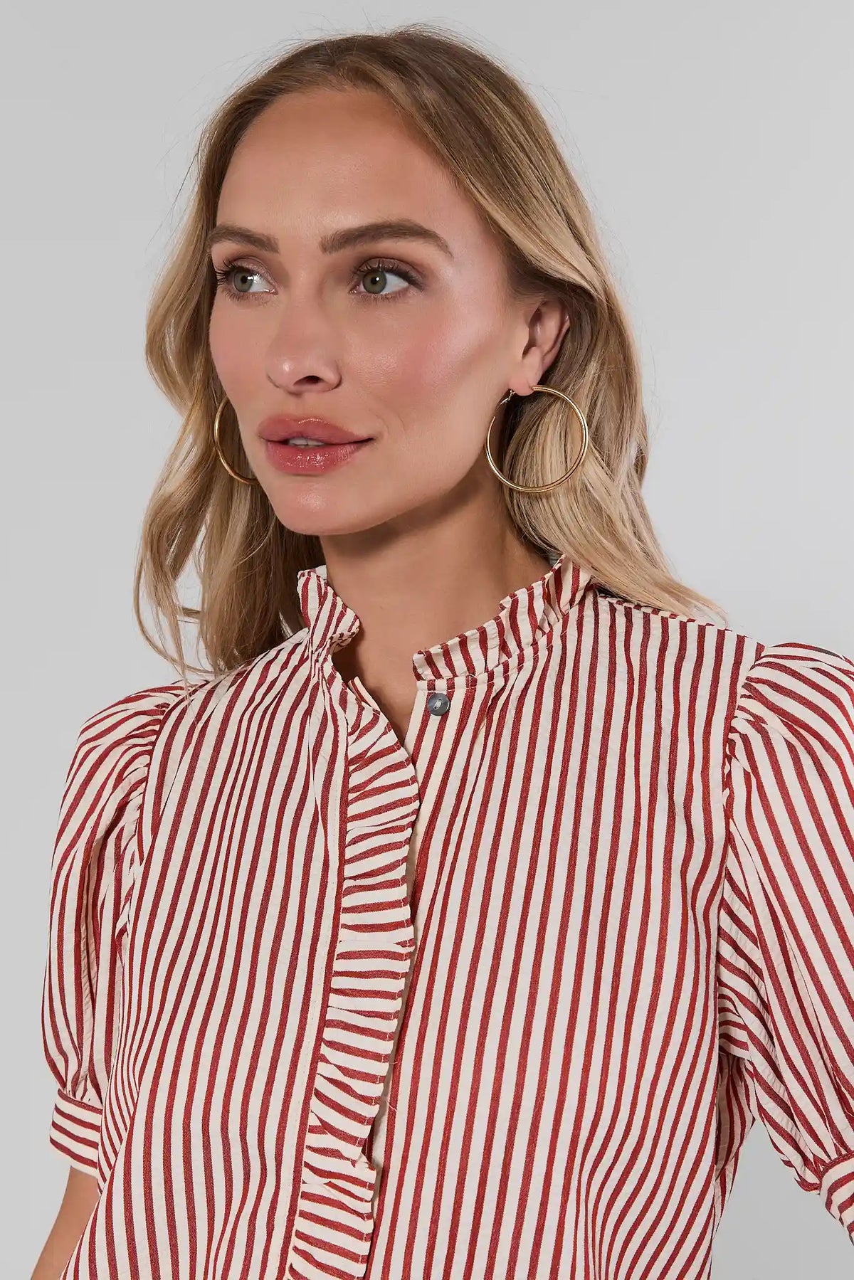 Jules Red Stripe Ruffle Trim Puff Sleeve Top - Ruffled Neckline Close-Up Detail with gold hoops | Avara