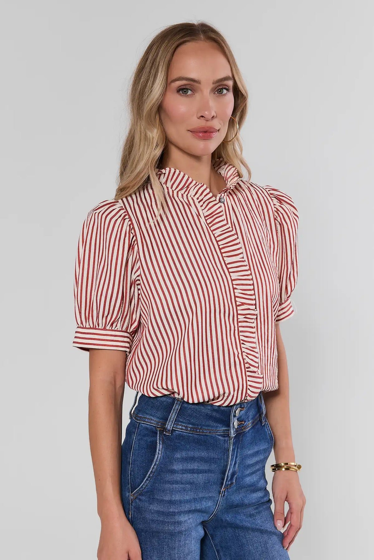Jules Red Stripe Ruffle Trim Puff Sleeve Top with blue jeans - Side Angle View | Avara