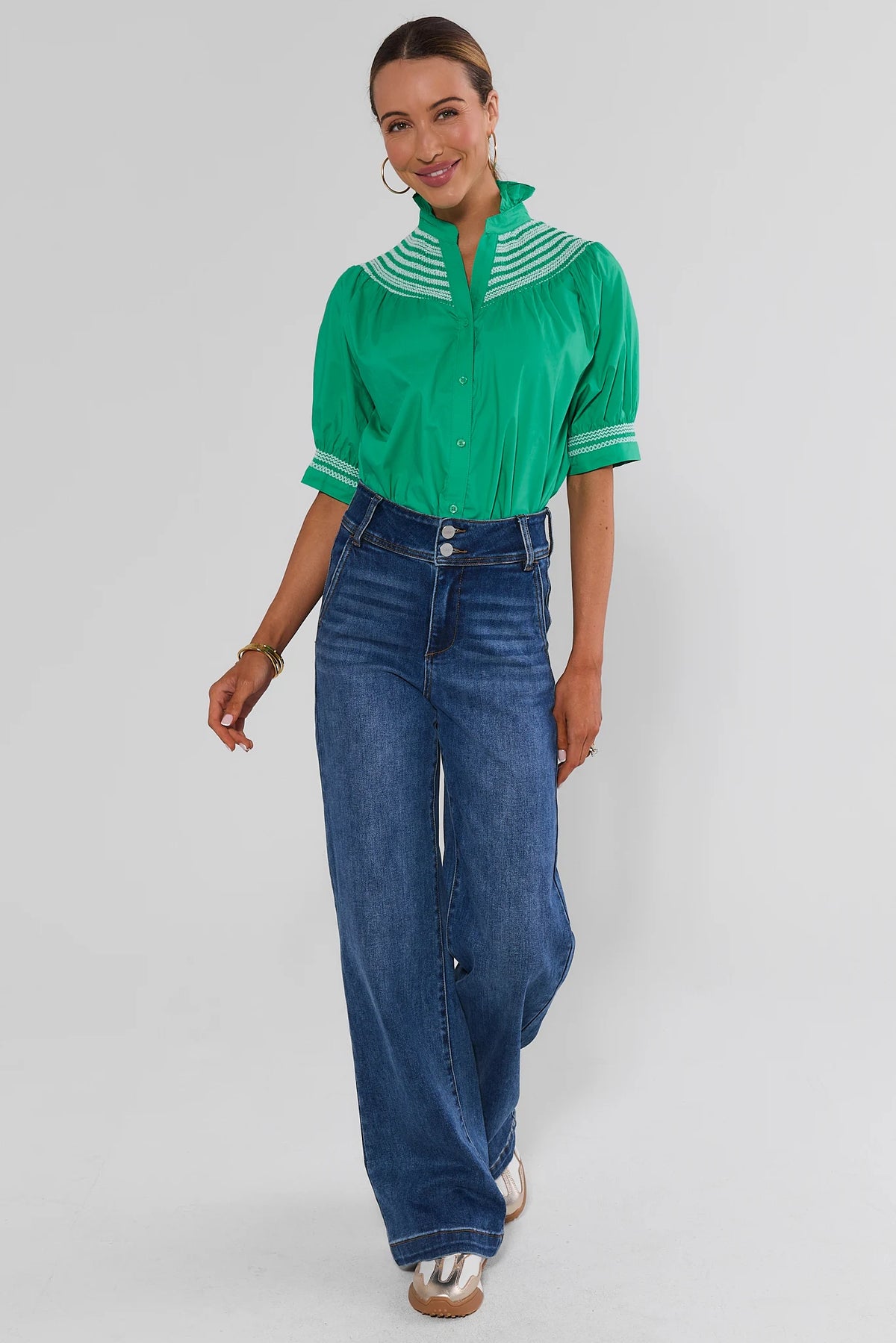 Yvonne Green and White Embroidered Top by Fate - Full Length View styled with wide-leg jeans and silver sneakers | Avara