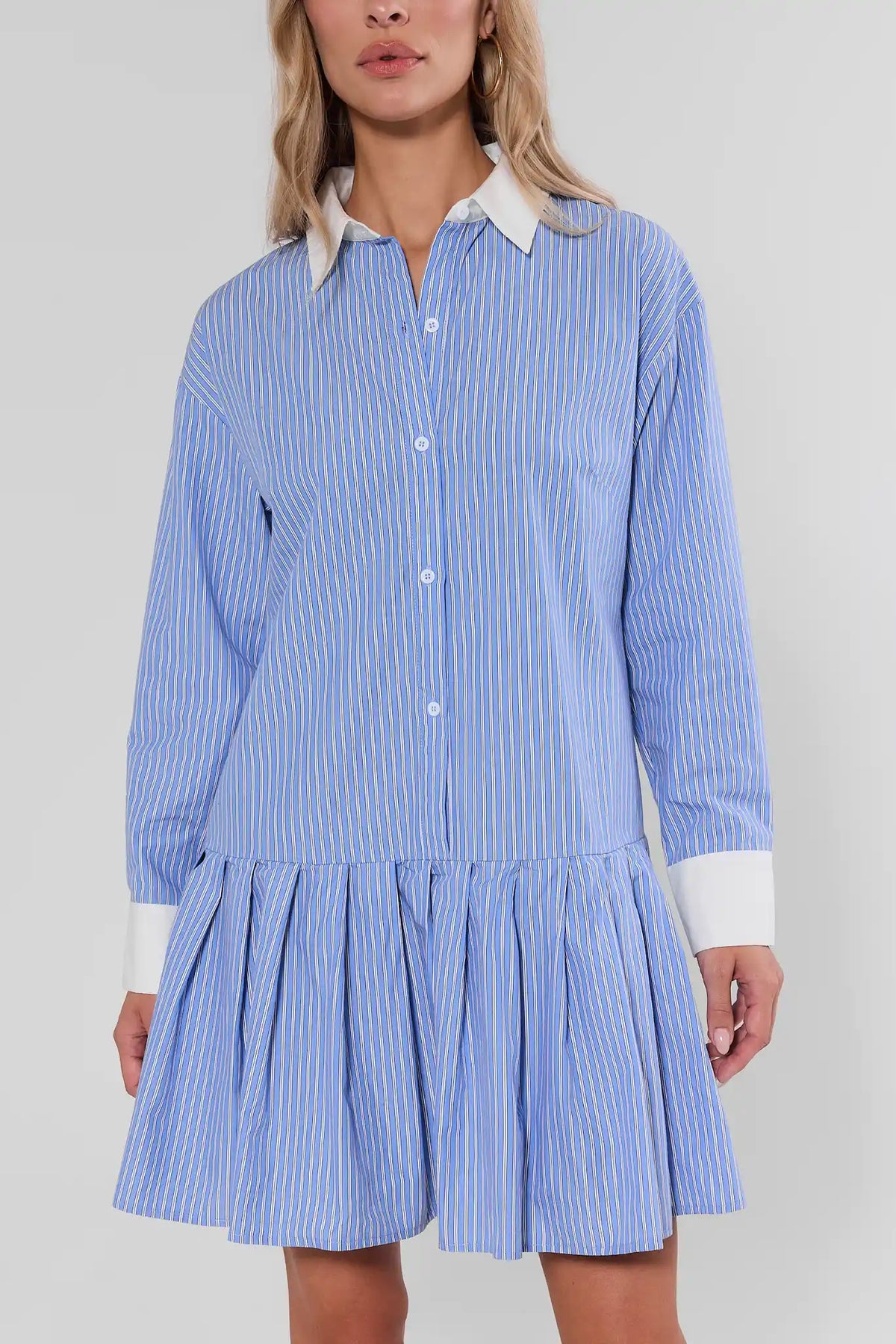 Hannah Blue Striped Collared Short Dress, close-up front detail showing button placket, white collar, and pleated drop-waist skirt | Avara